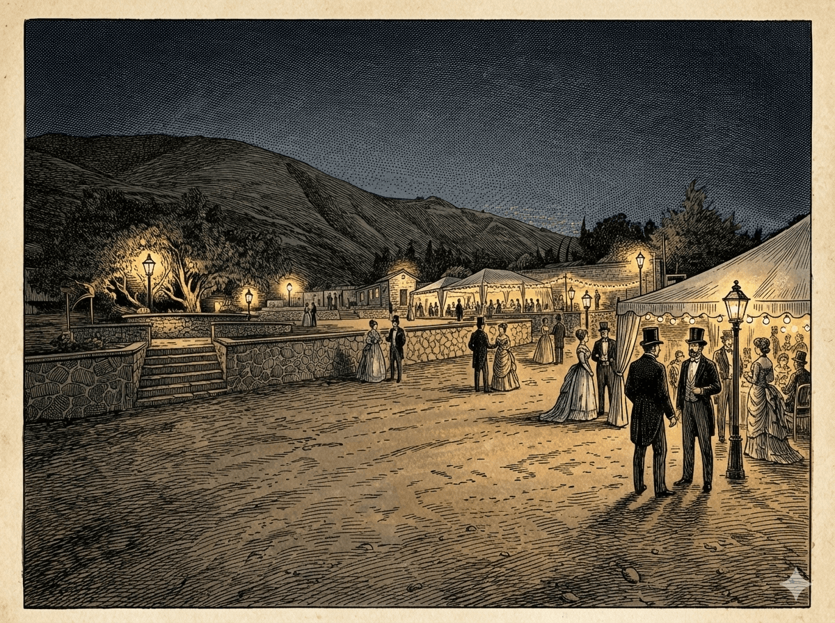 Victorian-style illustration of a nighttime gathering with warm lanterns and tents